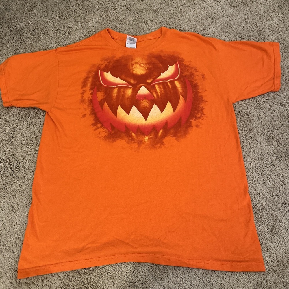 Gildan Heavy Cotton Orange Halloween Jack-O-Lantern Graphic T-Shirt Mens Large